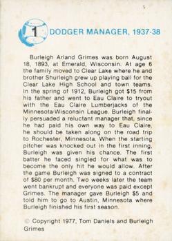 1977 Tom Daniels Burleigh Grimes #1 Burleigh Grimes Back