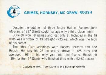 1977 Tom Daniels Burleigh Grimes #4 Burleigh Grimes / Rogers Hornsby / John McGraw / Edd Roush Back