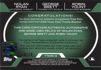 2008 Topps Triple Threads - Relics Combos Autographs Emerald #TTARC-9 Nolan Ryan / George Brett / Robin Yount Back