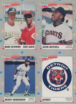 1988 Fleer Star Stickers - Wax Box Bottom Panels #S-1 / S-3 / S-5 / S-7 Mark McGwire / Eric Davis / Kevin Mitchell / Rickey Henderson / Detroit Tigers Logo Front