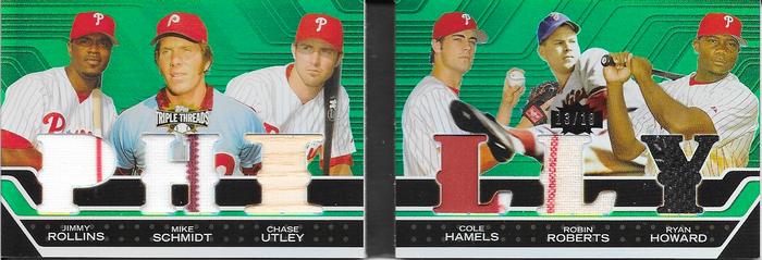 2008 Topps Triple Threads - Relics Combos Double Emerald #TTRDC-27 Jimmy Rollins / Mike Schmidt / Chase Utley / Cole Hamels / Robin Roberts / Ryan Howard Front