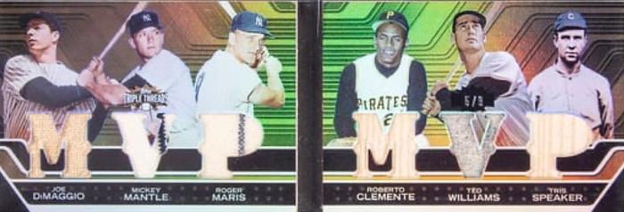 2008 Topps Triple Threads - Relics Combos Double Gold #TTRDC-1 Joe DiMaggio / Mickey Mantle / Roger Maris / Roberto Clemente / Ted Williams / Tris Speaker Front