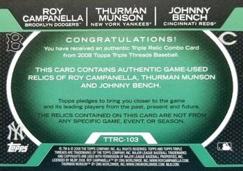 2008 Topps Triple Threads - Relics Combos Emerald #TTRC-103 Roy Campanella / Thurman Munson / Johnny Bench Back