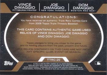 2008 Topps Triple Threads - Relics Combos Gold #TTRC-29 Vince DiMaggio / Joe DiMaggio / Dom DiMaggio Back
