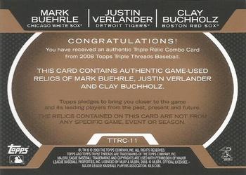 2008 Topps Triple Threads - Relics Combos Sepia #TTRC-11 Mark Buehrle / Justin Verlander / Clay Buchholz Back