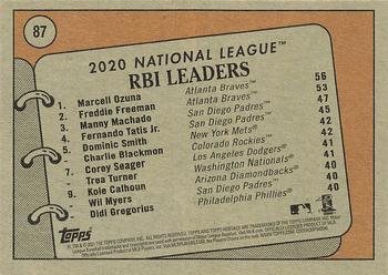 2021 Topps Heritage #87 2020 NL RBI Leaders (Marcell Ozuna / Freddie Freeman / Manny Machado) Back