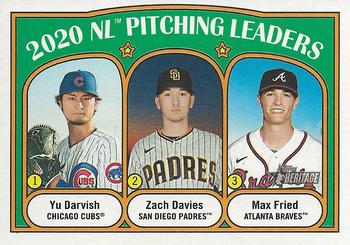 2021 Topps Heritage #93 2020 NL Pitching Leaders (Yu Darvish / Zach Davies / Max Fried) Front