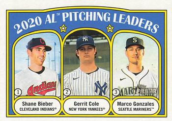 2021 Topps Heritage #94 2020 AL Pitching Leaders (Shane Bieber / Gerrit Cole / Marco Gonzales) Front