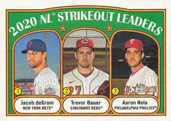 2021 Topps Heritage #95 2020 NL Strikeout Leaders (Jacob deGrom / Trevor Bauer / Aaron Nola) Front
