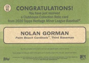 2020 Topps Heritage Minor League - Clubhouse Collection Relics #CCR-NG Nolan Gorman Back