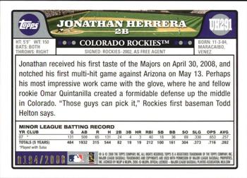 2008 Topps Updates & Highlights - Gold #UH291 Jonathan Herrera Back
