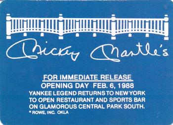 1988 Mickey Mantle Restaurant Advertising Promos #NNO Mickey Mantle Back