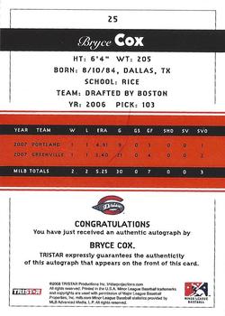 2008 TriStar PROjections - Autographs #25 Bryce Cox Back
