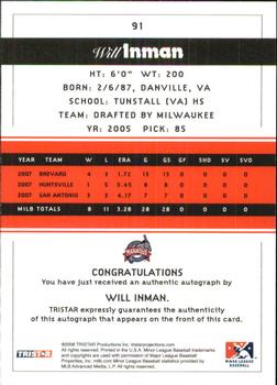 2008 TriStar PROjections - Autographs #91 Will Inman Back