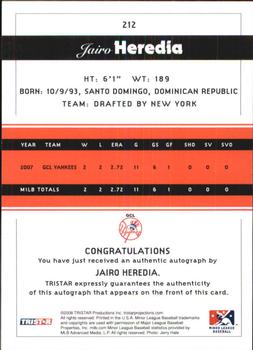 2008 TriStar PROjections - Autographs #212 Jairo Heredia Back