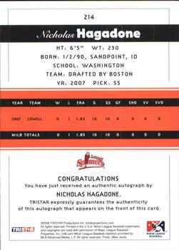 2008 TriStar PROjections - Autographs #214 Nick Hagadone Back