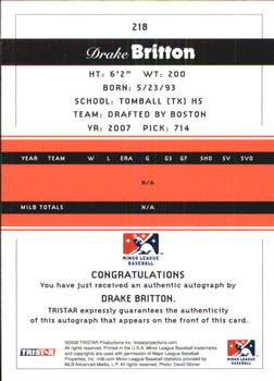 2008 TriStar PROjections - Autographs #218 Drake Britton Back