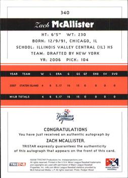 2008 TriStar PROjections - Autographs #340 Zach McAllister Back