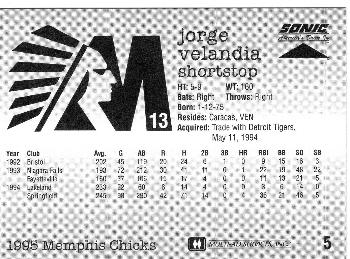 1995 Sonic Memphis Chicks #5 Jorge Velandia Back