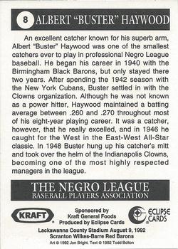 1992 Eclipse Negro League BPA John Clapp #8 Albert Haywood Back