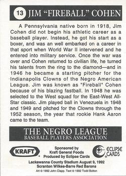 1992 Eclipse Negro League BPA John Clapp #13 Jim Cohen Back