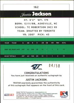 2008 TriStar PROjections - Autographs Reflectives Green #162 Justin Jackson Back