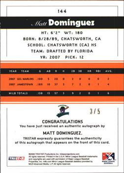 2008 TriStar PROjections - Autographs Reflectives Orange #144 Matt Dominguez Back