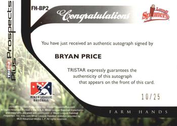 2008 TriStar Prospects Plus - Farm Hands Autographs Gold #FHBP Bryan Price Back