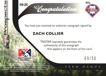 2008 TriStar Prospects Plus - Farm Hands Autographs Green #FHZC Zach Collier Back