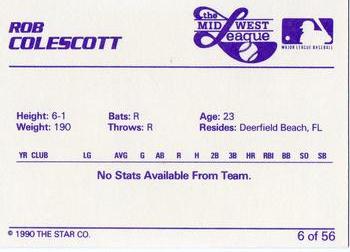 1989 Star Midwest League All-Stars #6 Rob Colescott Back