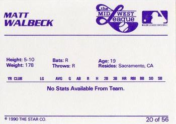 1989 Star Midwest League All-Stars #20 Matt Walbeck Back