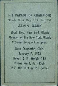 1952 Berk Ross #NNO Alvin Dark Back