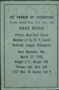 1952 Berk Ross #NNO Dave Koslo Back