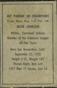 1952 Berk Ross #NNO Bob Lemon Back