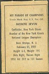 1952 Berk Ross #NNO Monte Irvin Back