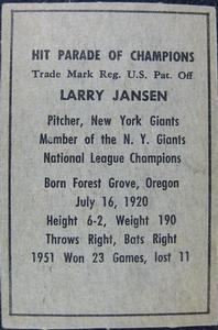 1952 Berk Ross #NNO Larry Jansen Back
