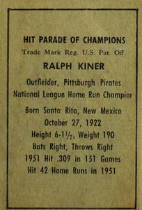 1952 Berk Ross #NNO Ralph Kiner Back