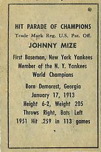 1952 Berk Ross #NNO Johnny Mize Back