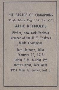 1952 Berk Ross #NNO Allie Reynolds Back