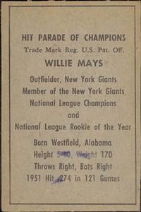 1952 Berk Ross #NNO Willie Mays Back