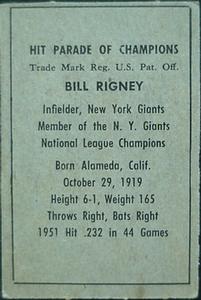 1952 Berk Ross #NNO Bill Rigney Back