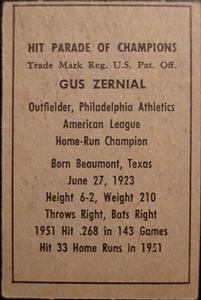 1952 Berk Ross #NNO Gus Zernial  Back
