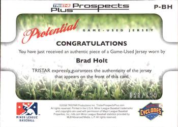 2008 TriStar Prospects Plus - PROtential Game Used #P-BH Brad Holt Back