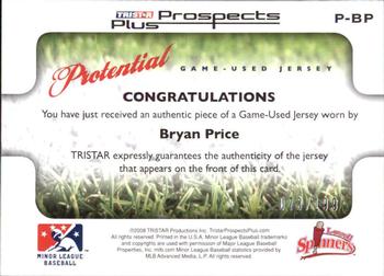 2008 TriStar Prospects Plus - PROtential Game Used #P-BP Bryan Price Back