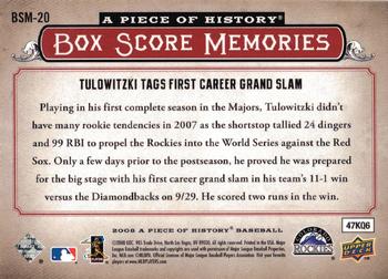 2008 Upper Deck A Piece of History - Box Score Memories Red #BSM-20 Troy Tulowitzki Back