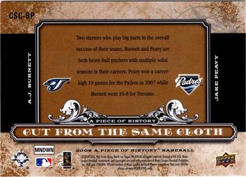 2008 Upper Deck A Piece of History - Cut From the Same Cloth #CSC-BP A.J. Burnett / Jake Peavy Back