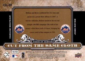 2008 Upper Deck A Piece of History - Cut From the Same Cloth #CSC-BR Carlos Beltran / Jose Reyes Back
