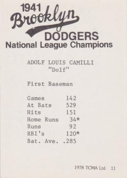 1978 TCMA 1941 Brooklyn Dodgers - Blue Border #11 Dolph Camilli Back