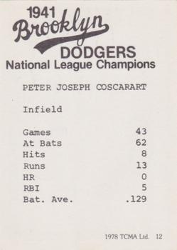 1978 TCMA 1941 Brooklyn Dodgers - Blue Border #12 Pete Coscarart Back