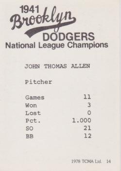 1978 TCMA 1941 Brooklyn Dodgers - Blue Border #14 Johnny Allen Back
